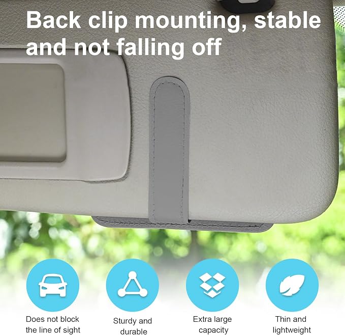 Small Leather Car Sun Visor Organizer, Multifunctional Auto Visor Document Holder with Sunglasses Clip, Universal Car Interior Organizer for Drving License, Card, Pen (Gray)