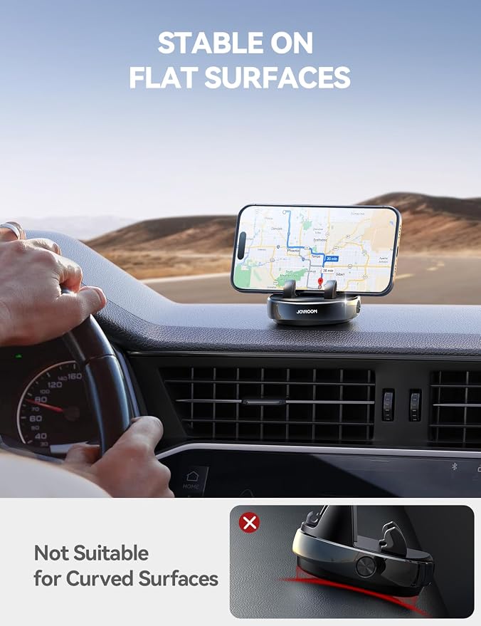 Car Phone Holder Mount, 360° Adjustable & Avoid Sun Glare Phone Holder for Car, Slip Free Spring Snap Design Dashboard Phone Stand, Compatible with Smartphones, GPS Devices