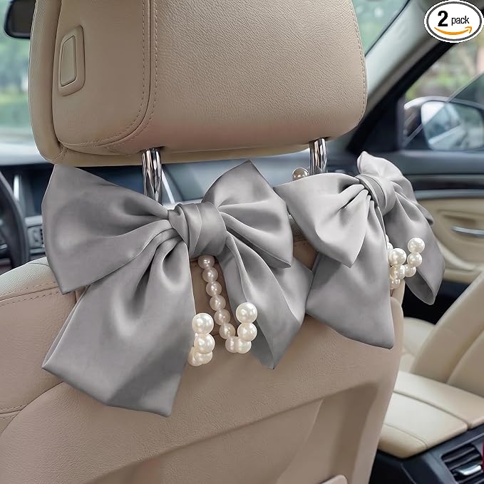 2PCS Satin Bow Pearl Car Seat Headrest Hooks – Car Bag Holder & Vehicle Hanger for Purses – Cute Coquette Aesthetic Interior Decoration – Cute Auto Organizer Accessories Universal (Moonlight Grey)
