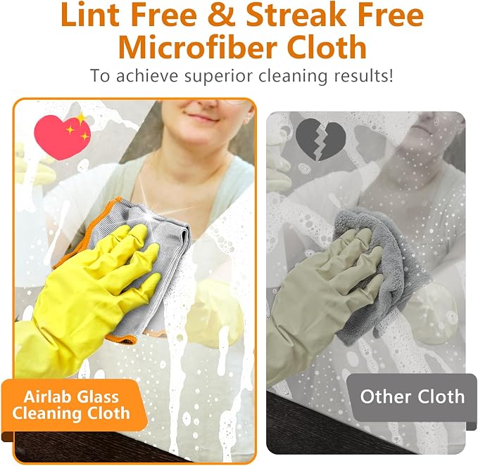 Airlab Glass Polishing Cloth Streak Free Miracle Cleaning Cloth Lint Free Microfiber Cleaning Rags for Glasses Kitchen Dish Mirrors Easy Clean, Pack of 6, 12" x 12", Sliver-Orange