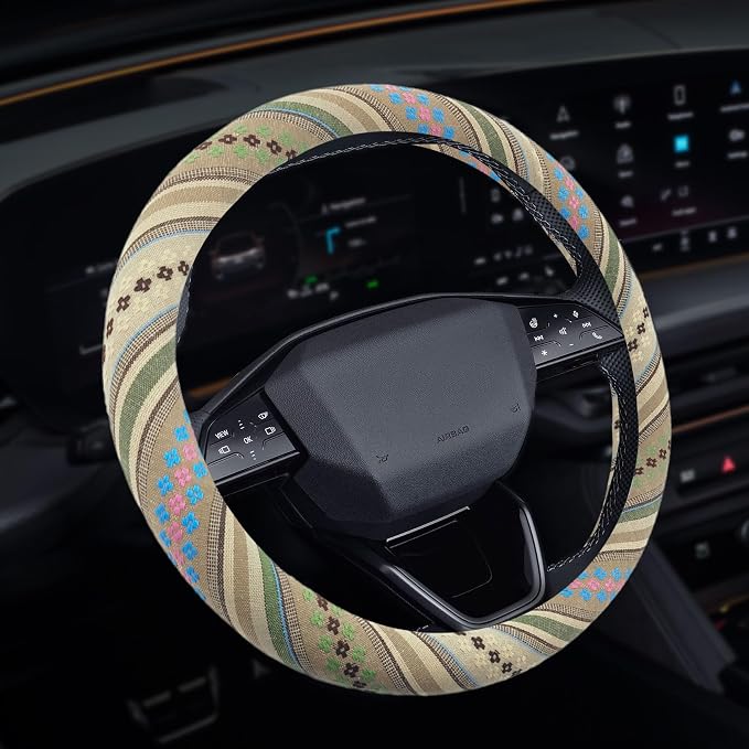 Boho Steering Wheel Cover, Steering Wheel Cover Women, 15 inch Hippie Style Protector Covers, Universal Ethnic Flax Cloth Car Accessories Universal for SUV Van Truck (Hippie-G)