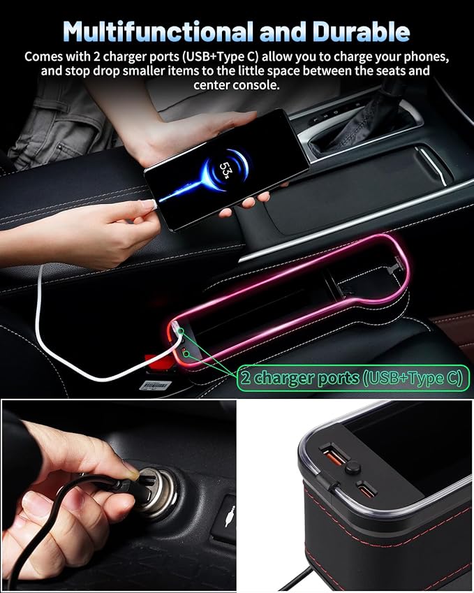 LED Car Seat Gap Filler Organizer Console Side Storage Box Between Seats with Cup Holders RGB Color Changing Storage Front Seat Gap Filler with USB Charging Car Interior Accessories (2 Pack)