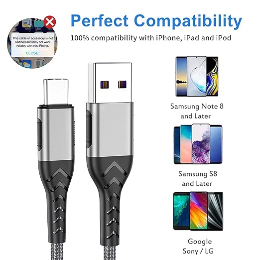 USB C Charger Cable, 2Pack 6ft Fast Charging 6Ft USB Type C Cord Cable, 6 Foot Type C Charger Premium Nylon Braided USB Cable Compatible with iPhone 15 Pro/Plust/Max-Silver