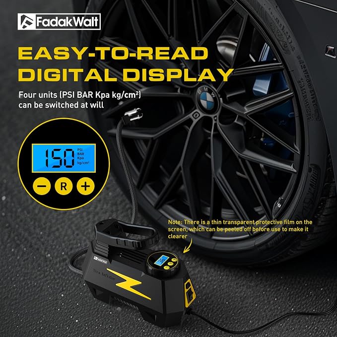 Tire Inflator Portable Air Compressor, 12V DC Car Air Pump with Auto Shutoff, 150 PSI Digital Gauge, LED Light, Metal Valve Connector, Accessories for Cars, Yellow