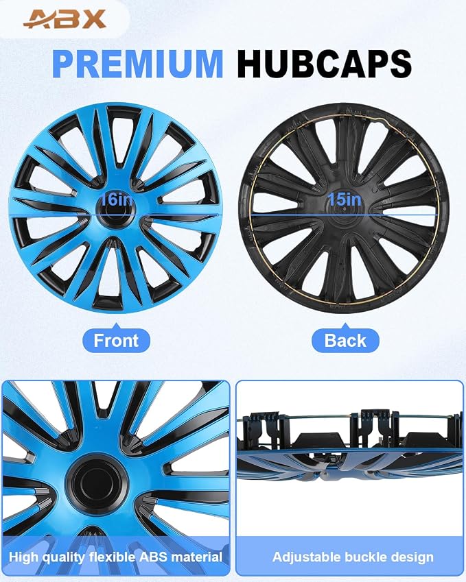 Hubcap Wheel Covers Hub Caps 16 Inch Set of 4 Black & Blue Universal Wheel Rim Cover R16 Stylish Car Decor Wheel Covers