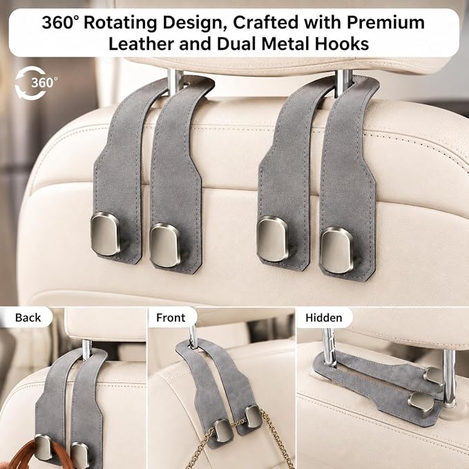 2Pcs Car Headrest Hooks with Premium Leather, Upgraded Double Metal Hooks with Anti-Drop Design, Universal Back Seat Hanger for Bags, Coats, Purses and Groceries (Stylish Gray)