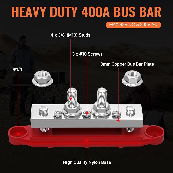 400A Bus Bar 12V Power Distribution Block with 4 x 3/8" Studs 12 Volt Marine Copper Battery Busbar Terminal Block for Car, Boat, Automotive, RV, Solar Wiring - Negative&Positive
