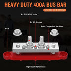 400A Bus Bar 12V Power Distribution Block with 4 x 3/8" Studs 12 Volt Marine Copper Battery Busbar Terminal Block for Car, Boat, Automotive, RV, Solar Wiring - Negative&Positive