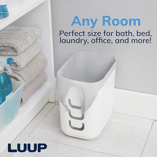Luup Trash Can (White) - Reuse Grocery Bags - Plastic Garbage Container for Bathroom, Vanity, Laundry Room, Kitchen, Office, Garage - 2.5 Gallon Wastebasket with Hooks to Secure Trash Bags
