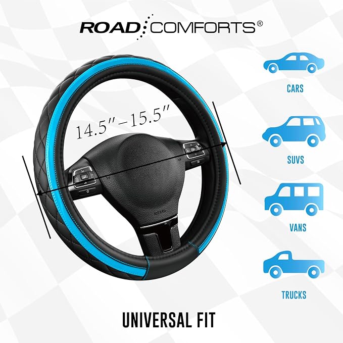 Leather Steering Wheel Cover – Black & Blue, Universal Fit 14.5-15 Inch, Microfiber Leather, Anti-Slip & Breathable Design for Men and Women