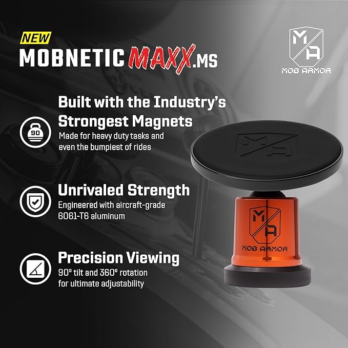 MobNetic Maxx MS - MagSafe Compatible Car Phone Mount w/ 90º Tilt, 360º Rotation & Durable Aluminum Build, Magnetic Holder for iPhone & Android Devices, USA Assembled - Orange Chrome