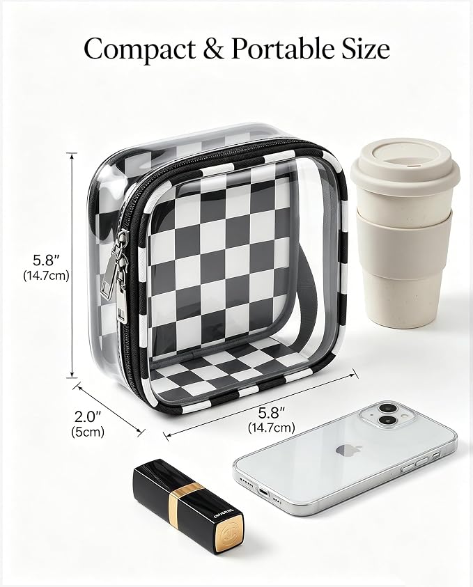 Preppy Clear Makeup Bag Travel Cosmetic Case Transparent Black and Beige Checkered Toiletry Bag with Zipper,Portable Make Up Organizer Traveling Compact Car Bag for Essentials