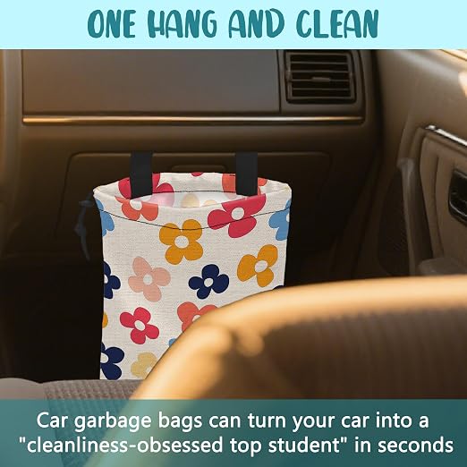 Car Garbage Bag Retro Colorful Flowers Drawstring Car Trash Bag Hanging for Back Seat with Adjustable Buckle Canvas Vehicle Trash Can Easy-to-Install