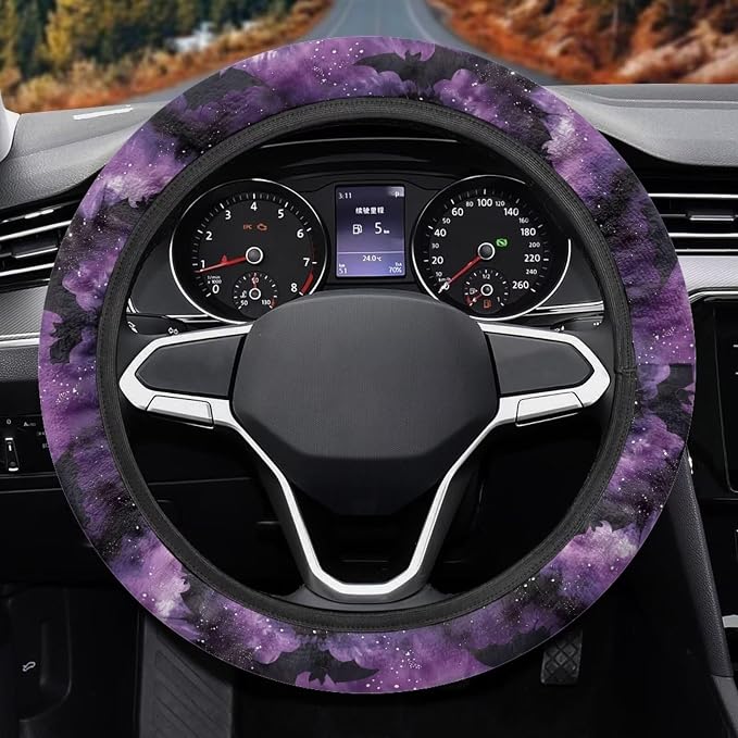 Car Steering Wheel Cover Soft Stretch Auto Steering Wrap Protector for Women Men, Universal Halloween Auto Accessories Fit Most Vehicles, Bat Purple Tie-dye
