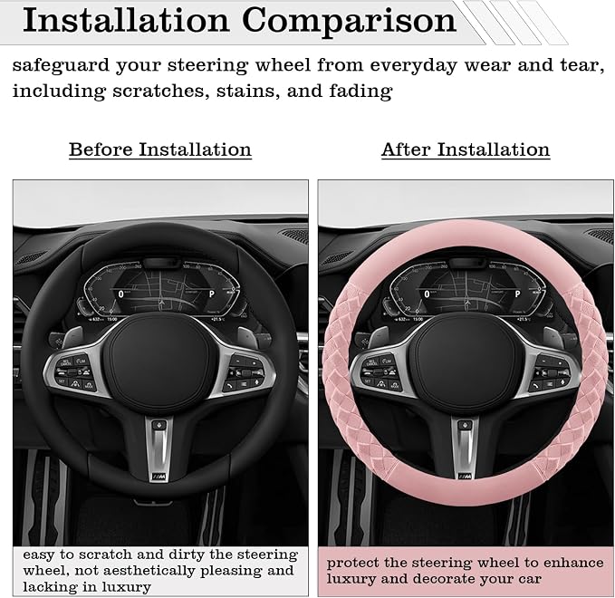 Cherry Blossom Pink Diamond Patterned Plush Steering Wheel Cover, for Universal Auto Steering Wheel 14.5-15 in, Short Fluffy, Anti-Slip, Soft Plush, Comforting and Luxurious, Odorless, Soft Texture