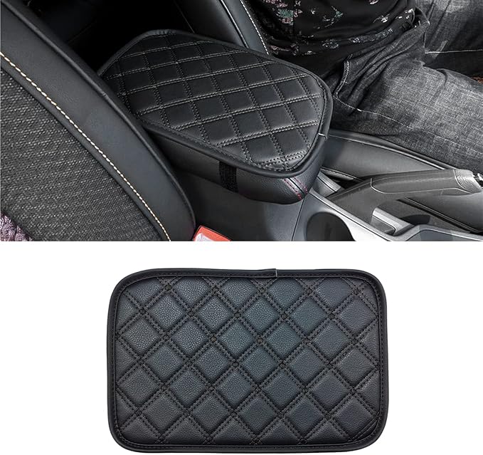 Car Leather Center Console Cushion Pad, 11.4"x7.4" Waterproof Armrest Seat Box Cover Fit for Cars, Vehicles, SUVs, Comfort, Car Interior Protection Accessories (Black-2)