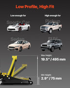 3 Ton Low Profile Floor Jack | Heavy-Duty Racing, Dual Pistons Quick Lift Pump, Lifting Range 3.35"-19.69"