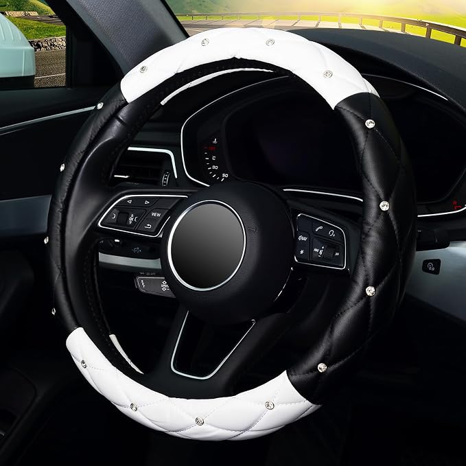 Diamond Soft Leather Steering Wheel Cover with Bling Bling Crystal Rhinestones, Universal 15 inch, Black White