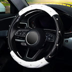 Diamond Soft Leather Steering Wheel Cover with Bling Bling Crystal Rhinestones, Universal 15 inch, Black White