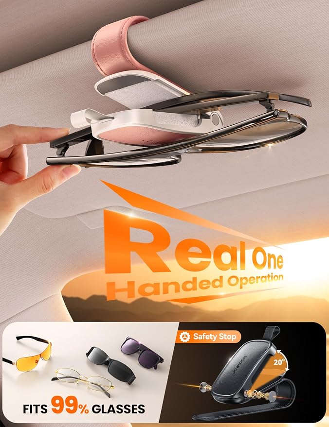 Sunglass Holder for Car Visor Clip [Real One-Handed Operation] [Soft Foam Protection] [Non-Slip] Sunglasses Organizer Pink Car Accessories Interior Gifts for Women Men Cute Eyeglasses Holder