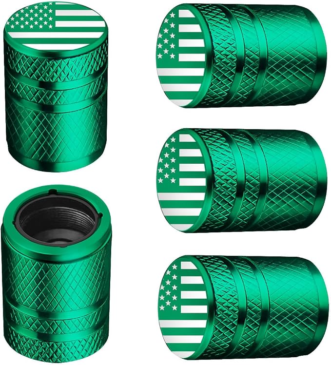 American Flag Tire Valve Stem Caps - (5 Pack) Metal Air Caps with Plastic Liner, Corrosion Resistant, Leak-Proof, Universal Stem Covers for Cars Trucks Motorcycles and Bikes - Green