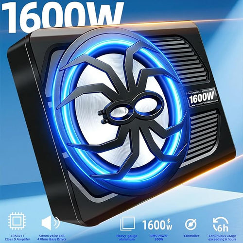 1600W Under Seat Subwoofer 10" Car Powered Subs with Built-in Amp | Slim Design with LED Ambient Lights, LPF/Gain/Bass Boost Controls and Bass Knob for Deep Bass Audio in Trucks SUVs Jeeps MPVs