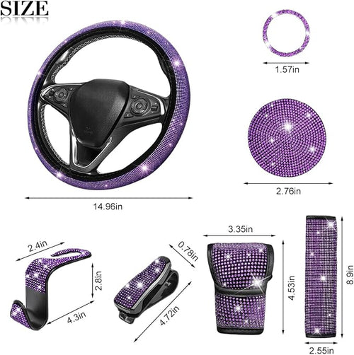 11PCS/Set Bling Car Accessories Set for Women, Rhinestone Vehicle Steering Wheel Cover Seat Belt Cushion Gear Shift Protector Cup Holder Coaster, Universal Automotive Accessories (Purple)