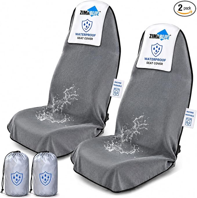 2 Pack Waterproof Towel Car Seat Covers, 1kg Heavy Duty 3-Layer Microfiber Sweat Protector, Non-Slip Machine Washable Universal Bucket Seat Covers for Cars, SUVs, Gym, Beach, Pets, Gray
