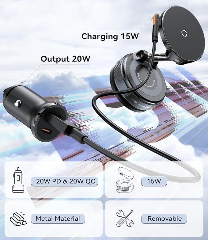 15W for MagSafe Car Mount Charger, Magnetic Wireless Car Phone Holder for iPhone 17 16 15 14 13 12 Pro Max, 360° Adjustable iPhone Charger for Car with USB C Car Charger Adapter