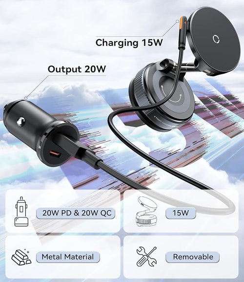 15W for MagSafe Car Mount Charger, Magnetic Wireless Car Phone Holder for iPhone 17 16 15 14 13 12 Pro Max, 360° Adjustable iPhone Charger for Car with USB C Car Charger Adapter