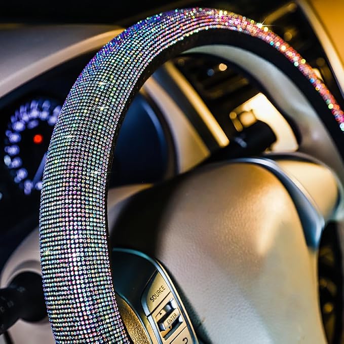 Car Bling Steering Wheel Cover for Women Girls 15 Inch Universal Colorful Crystal Rhinestone Diamond Rainbow Bling Accessories Anti Slip Wheel Protector Sparkling, Black