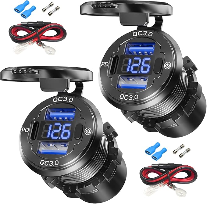 2PCS, 12V USB Outlet, Aluminum Alloy Dual 18W QC3.0 Ports & 36W PD USB Charging Port 12 Volt Outlet Charger Socket, Accessories for Car Boat Marine Motorcycle RV ATV Truck Golf Cart