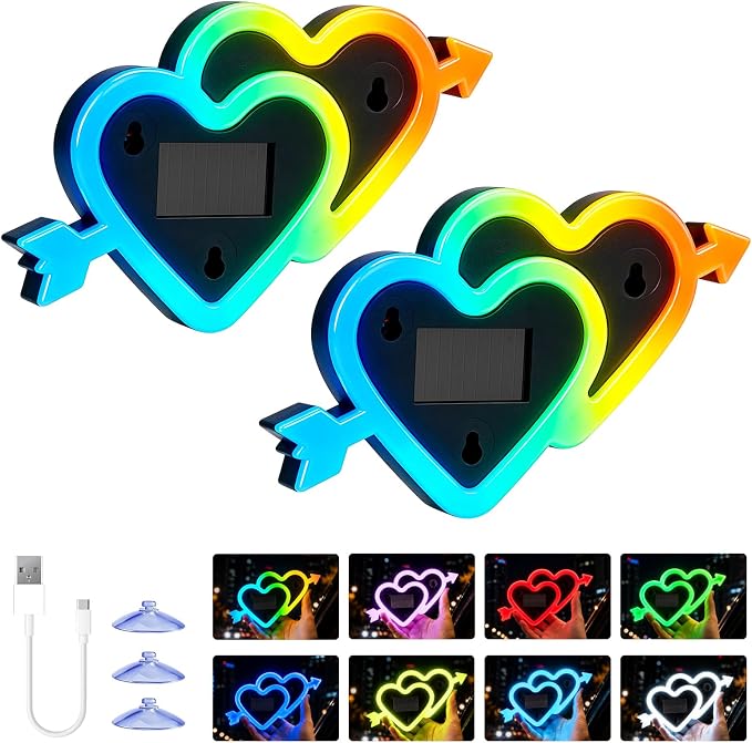 Solar Heart Car Window Light LED Ambient Lights Vibration Sensor 8 Modes | USB + Solar Assist Power, Color Changing 8 Modes Cupid's Heart-shaped Lights, Rainbow Window Decorative Suction Cup Install
