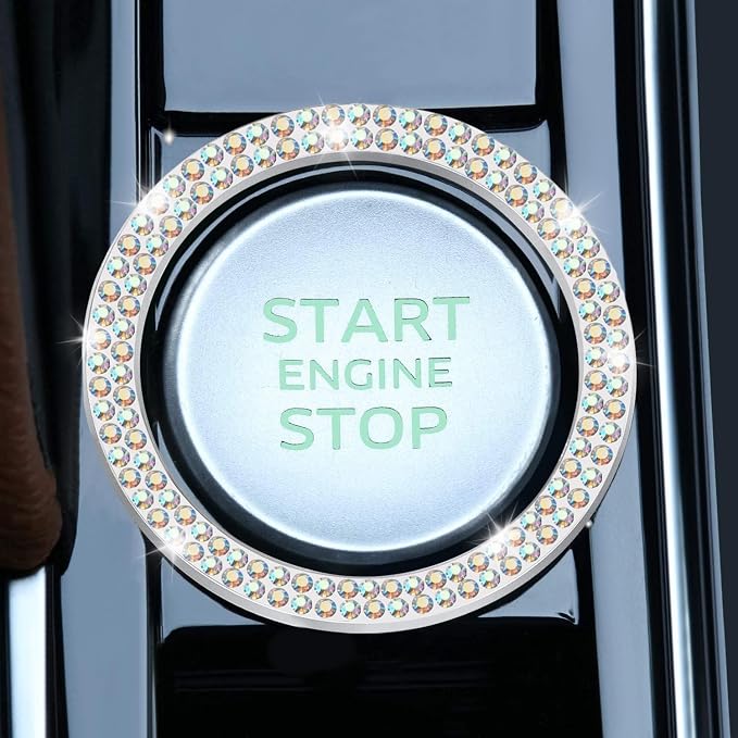 2 PCS Crystal Double Rhinestone Car Engine Start Stop Decoration Ring, Bling Car Interior Accessories for Women, Push to Start Button Cover Sticker, Automotive Decals, Colorful