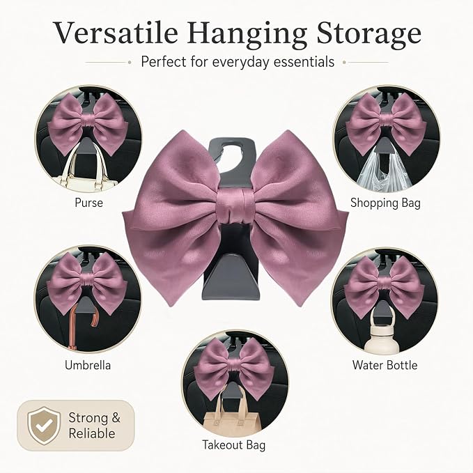 2 Pack Car Purse Hooks, Cute Bow Car Seat Headrest Hook Hanger for Purses and Bags, Space-Saving Car Accessory (Leather pink)