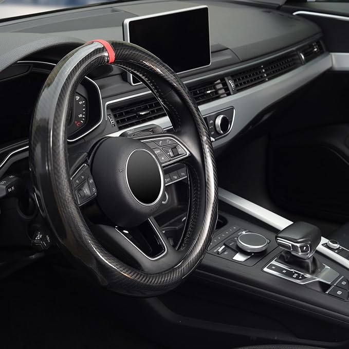 Steering Wheel Cover Carbon Fiber, Universal Standard Size 14.5-15 inch Car Steering Wheel Accessories for Men, Black
