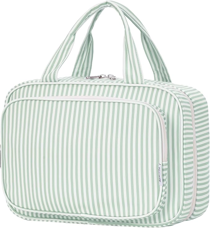 Striped Travel Toiletry Bag for Women Large Hanging Makeup Bag Organizer Toiletries Bag for Full Size Essentials Accessories Cosmetics (Mint Green Stripe (Large))