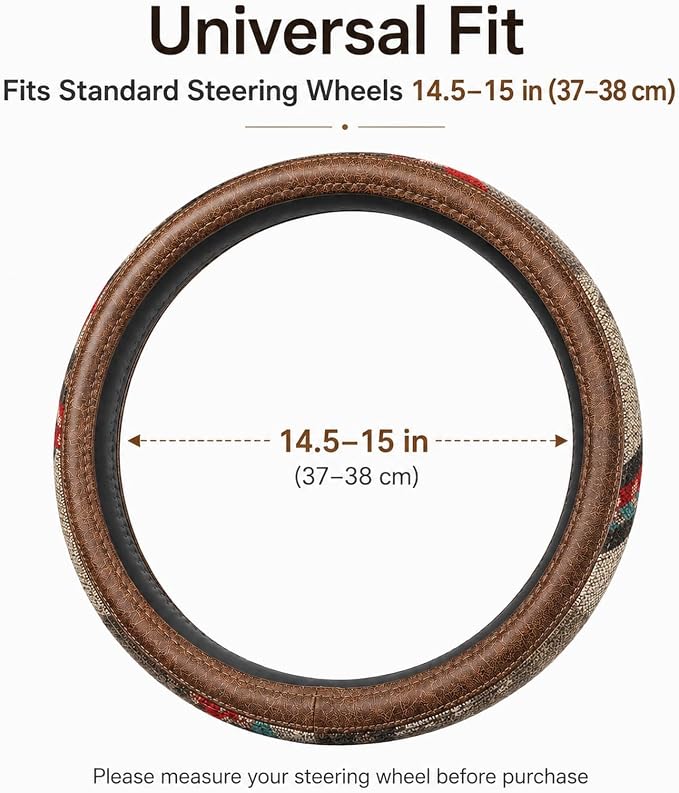 Universal 15inch Ethnic Style Baja Blanket Steering Wheel Cover with Coarse Flax Cloth and Sweat Absorption Anti Slip Car Wrap (Boho Brown leather2)