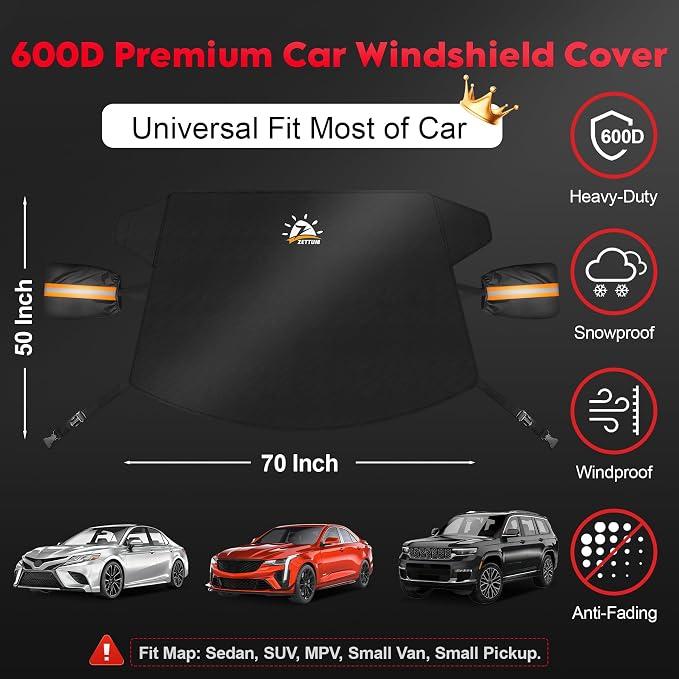 Car Windshield Cover for Ice and Snow - 600D Windshield Snow Cover with Side Mirror Cover Heavy Duty, Standard Winter Frost Hail Protector for Most Car, Truck, SUV, Van and MPV (70 x 50 Inch)