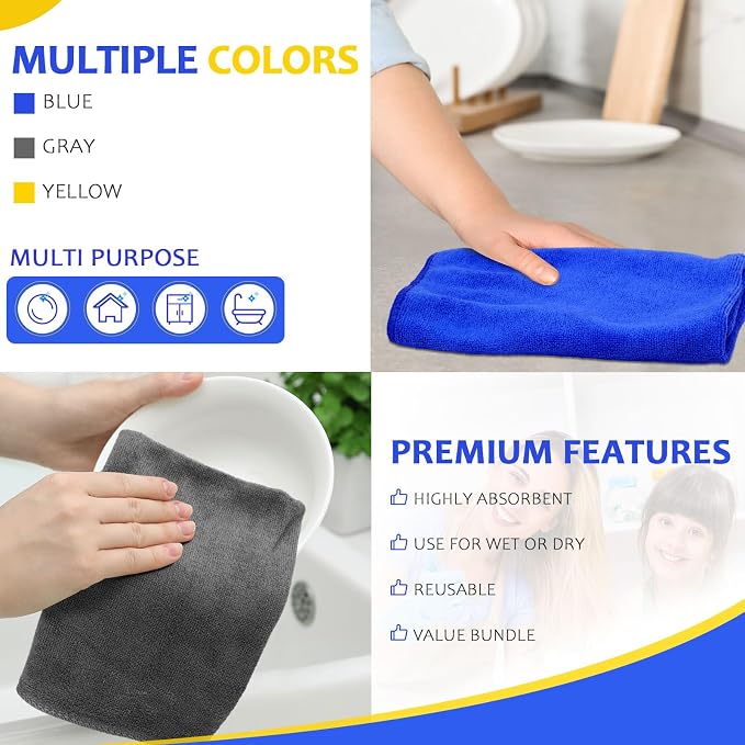 Microfiber Cleaning Cloths for Cars 16 x 16 Inch Ultra Absorbent Car Towels Drying Reusable Cleaning Supplies House Kitchen Window Microfiber Towel(Blue, Gray, Yellow,60 Pcs)