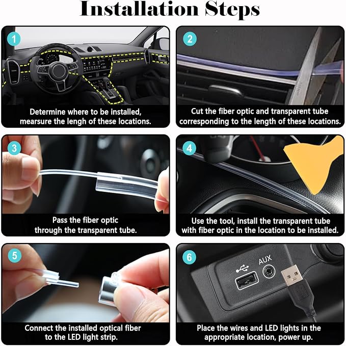 Interior Car LED Strip Lights, RGB 6 in 1 Ambient Lighting Kits with 315 inches Fiber Optic, 16 Million Colors Car Interior Lights with Wireless APP and Remote Control, Sync to Music