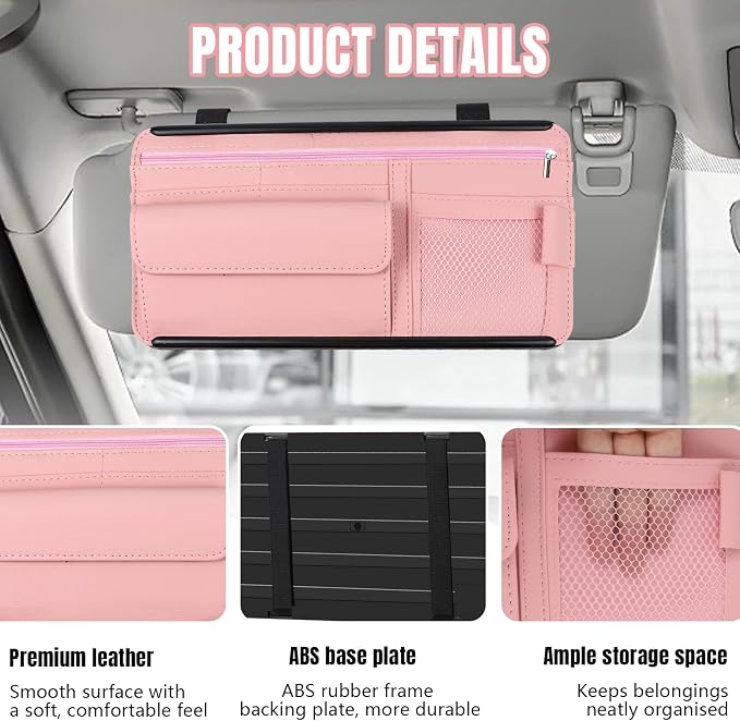 Car Visor Organizer, Leather Multi-Pocket Auto Sun Visor Storage Pouch with Sunglasses Holder, Card Holder, Zipper Pocket, Net Pocket, Pen Slot, Universal Interior Car Accessories (Pink)
