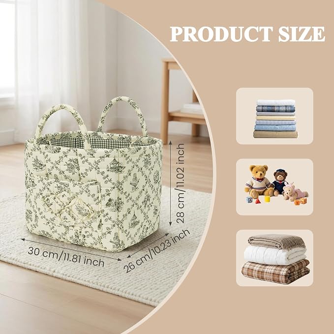 Floral Fabric Storage Basket Car Interior Storage Basket Underwear Sundries Laundry Baskets Supplies Home Organizer Bag (Green)