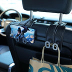 Car Headrest Hooks Universal Car Purse Hook Premium Leather and Alloy Twin Hook Car Seat Back Storage Hanger Hook for Purse Bags Cloth Drink Durable Holder Car Accessories (BH09-Black-Black-4 Pcs)