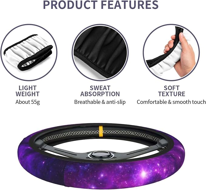 Purple Galaxy Steering Wheel Cover + Purple Starry Sky 2pc Car Coasters | Breathable Universal for 15 Inch Anti-Slip Car Suitable for Men Women Galaxys