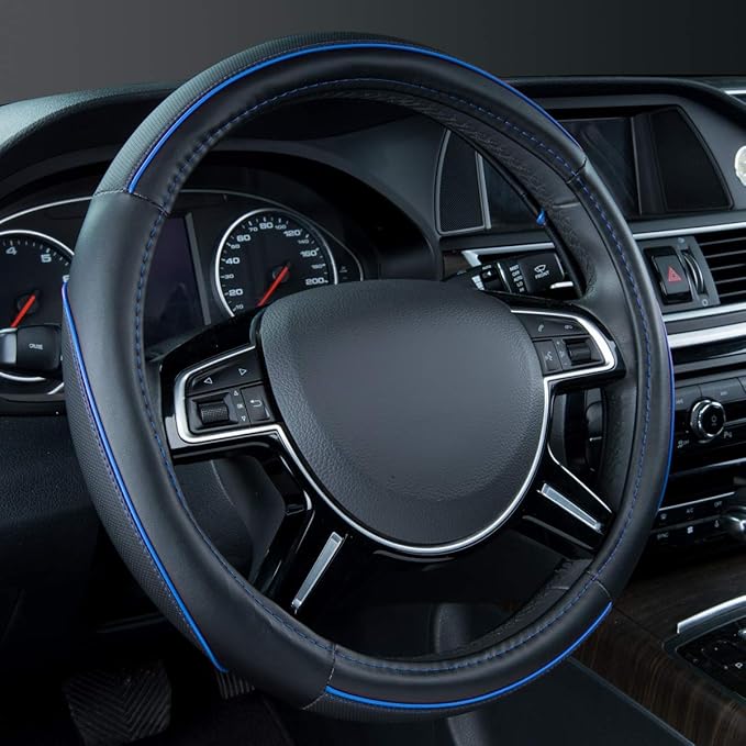 Colour Piping Leather Universal Fit Steering Wheel Cover,Perfectly fit for 14.5-15 inches Suvs, Vans, Trucks, Sedans, Cars (Black&Blue)