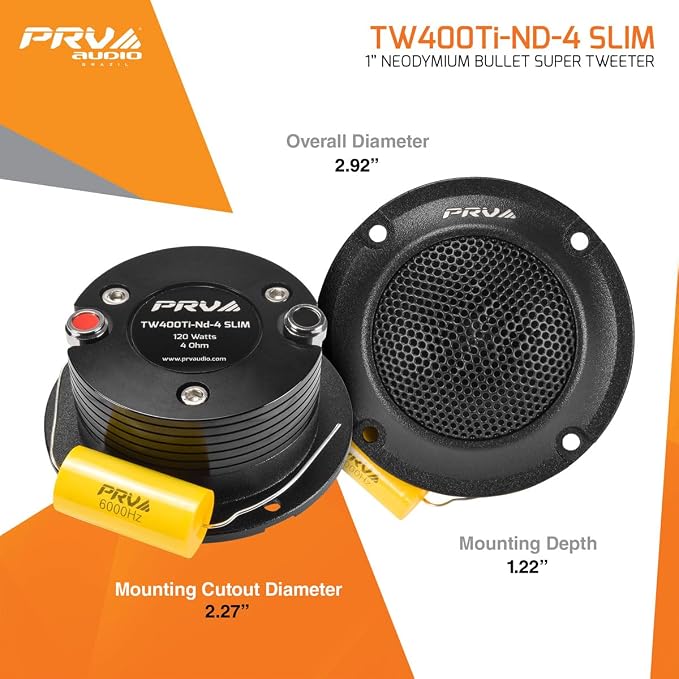 Bullet Super Tweeters Neodymium, 3 Inch PRV Tweeter Black TW400Ti-Nd-4 Slim 240 Watts 4 Ohm, Easy to Mount, 3 Inch Speaker Replacement (2 Tweeters)