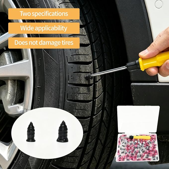 100PCS Tire Repair Rubber Nails Kit with Screwdriver & Storage Box - 2 Sizes Individually Packaged Self-Service Tire Repair Tools for Cars, Trucks, Motorcycles, Bikes, ATVs - No Tire Removal