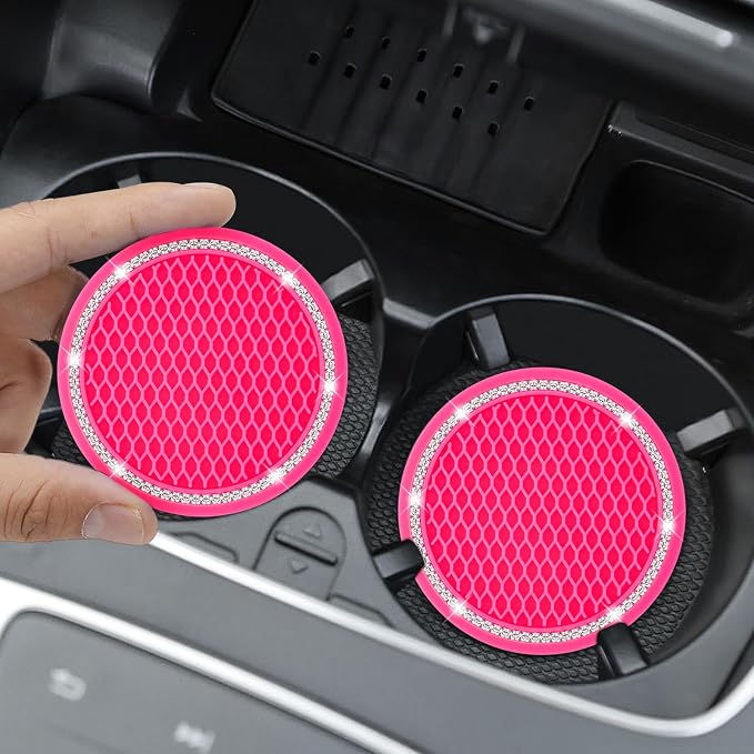 Car Coasters, 4 Pack Universal Vehicle Bling Car Coaster, Rhinestone Coaster for Cup Holders, Car Interior Accessories 2.75'' Silicone Car Coasters for Women(Hot Pink, White Crystal Circle)