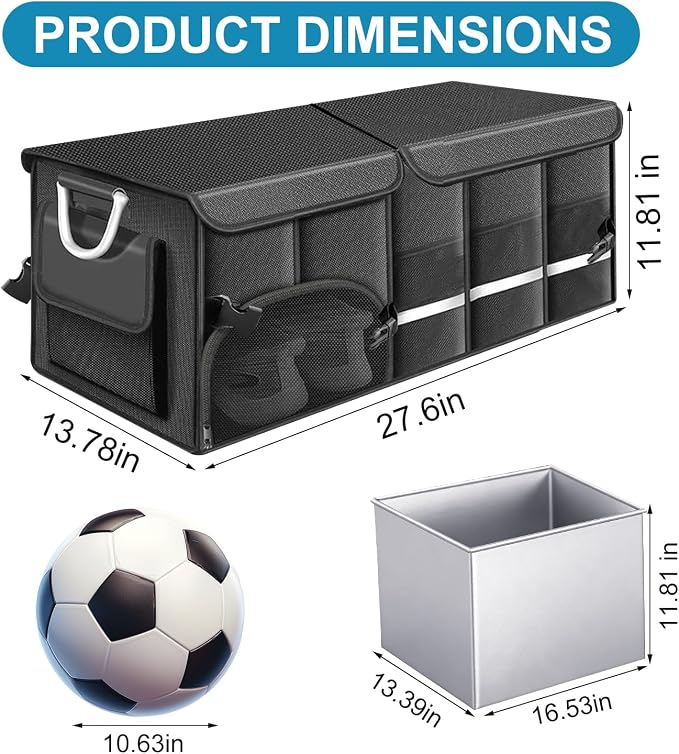 92L Large Collapsible Trunk SUV Organizer with Cover | 1680D Oxford Car Cargo Storage with Dividers, 4 Mesh Pockets, Reflective Strip, and Waterproof bag for Groceries and Wet Gear